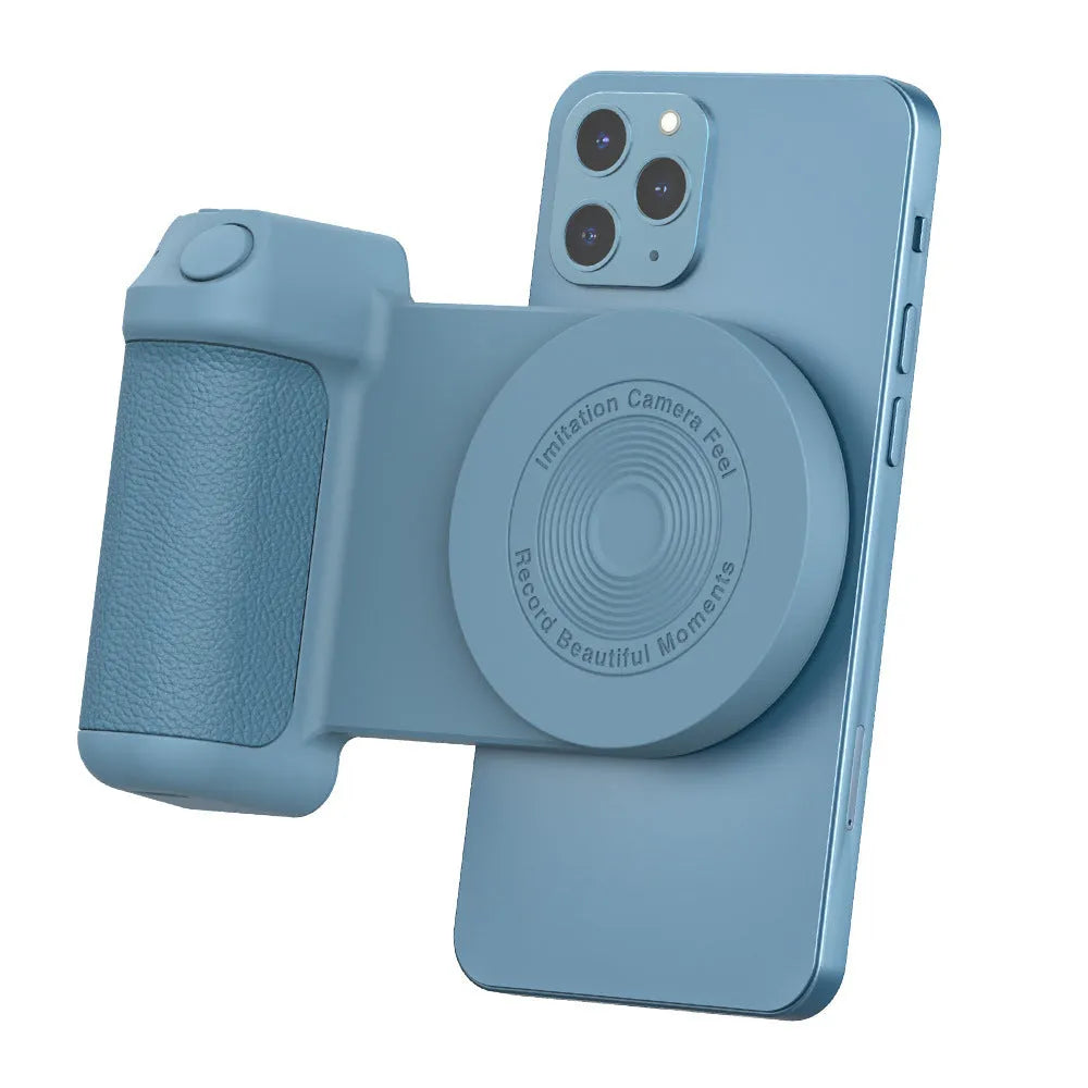 Black magnetic phone camera holder with rotatable bracket and ergonomic leather handle on a table.