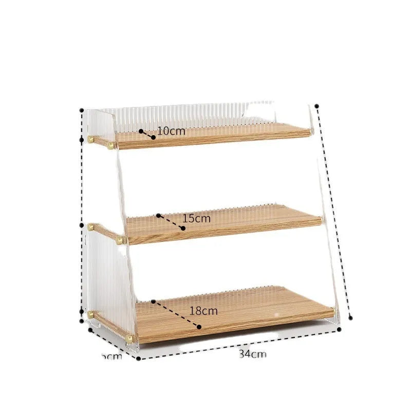 Office acrylic desk storage cabinet in wood colour with transparent acrylic shelves on a white desk