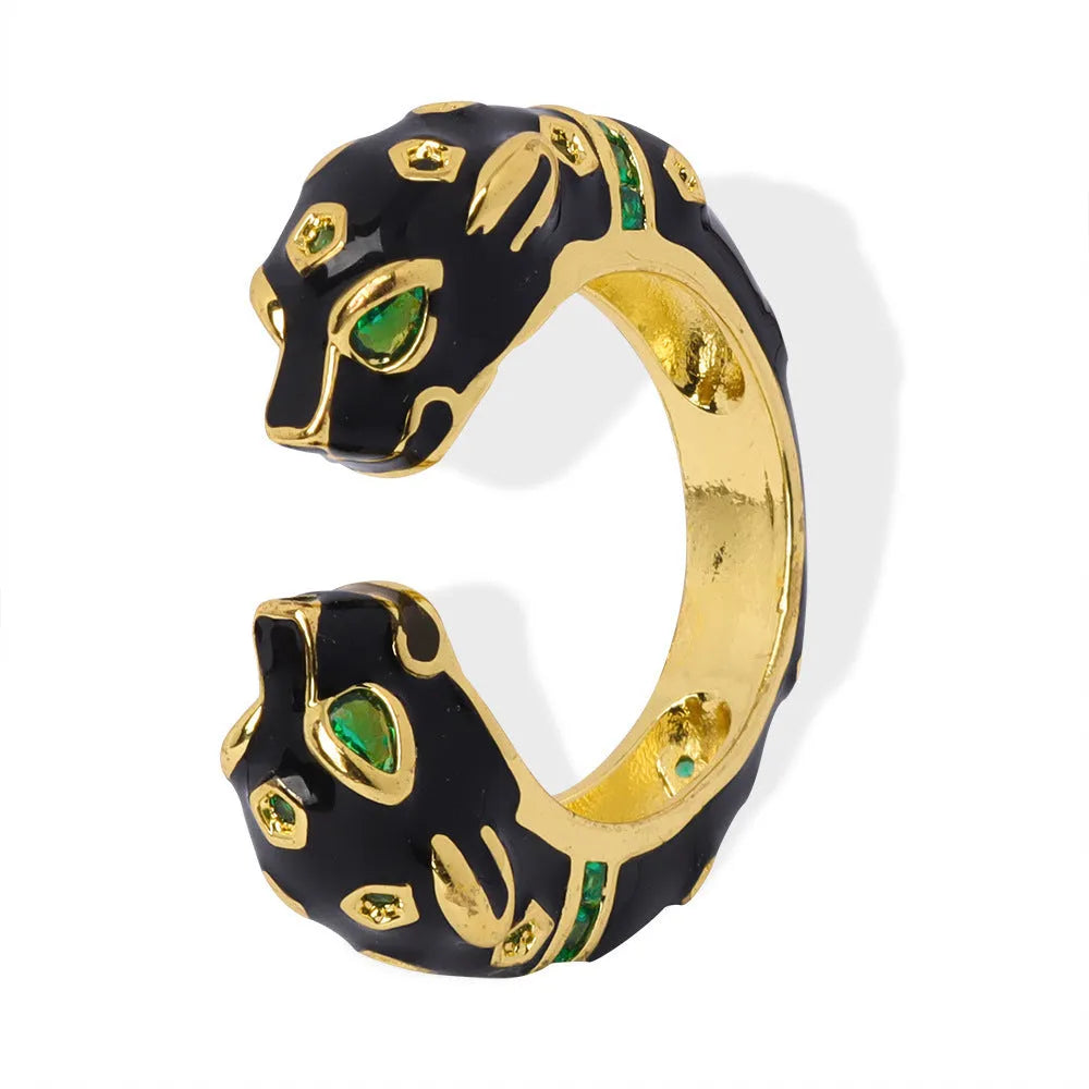 Black cheetah pattern geometric open ring for women, size UK 7, made from electroplated copper.