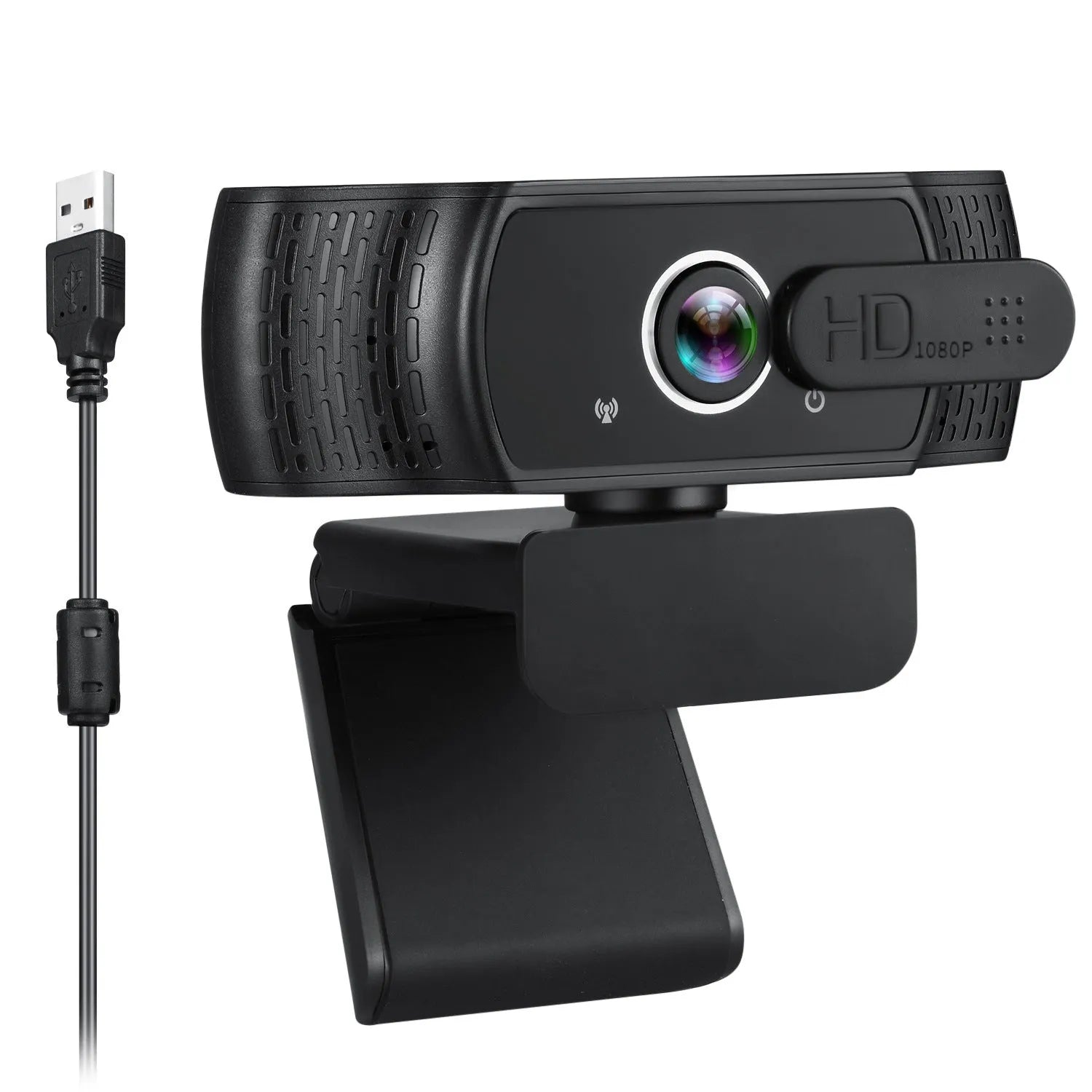 Black 1080p USB webcam with built-in microphone and universal clip for laptops.
