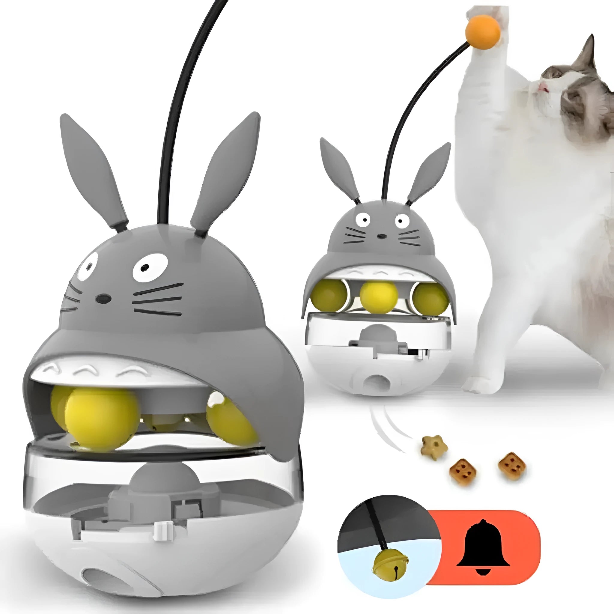 Interactive cat feeder toy in car shape with treat dispenser and sounding bell, available in brown, gray, pink, and white