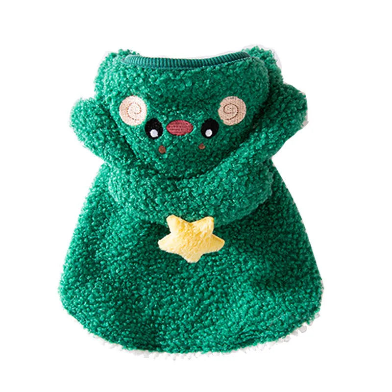 Cartoon elk design cat cloak in green or brown polyester for winter warmth