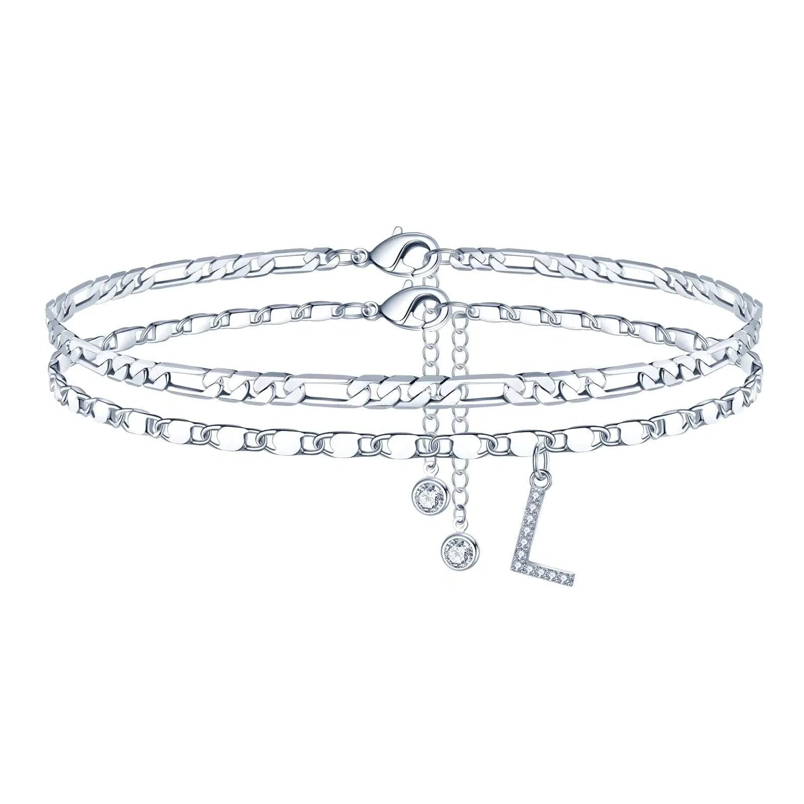 Silver colour copper anklet with double-circle design and text bead elements on ankle