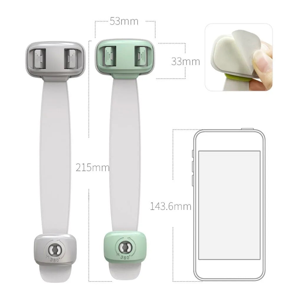 Grey and green adjustable strap child safety lock for cabinets and drawers with adhesive backing