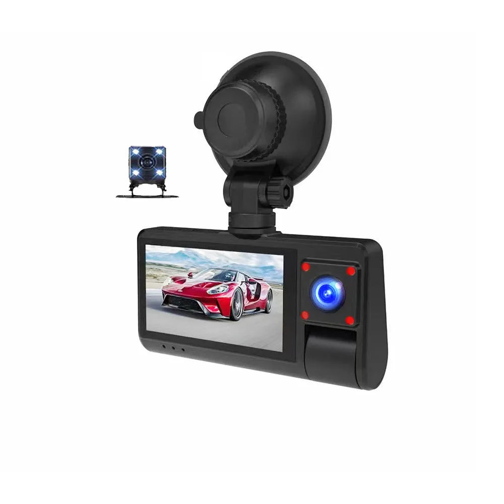 G50 black dashboard camera with 3-inch touchscreen display mounted on car windscreen
