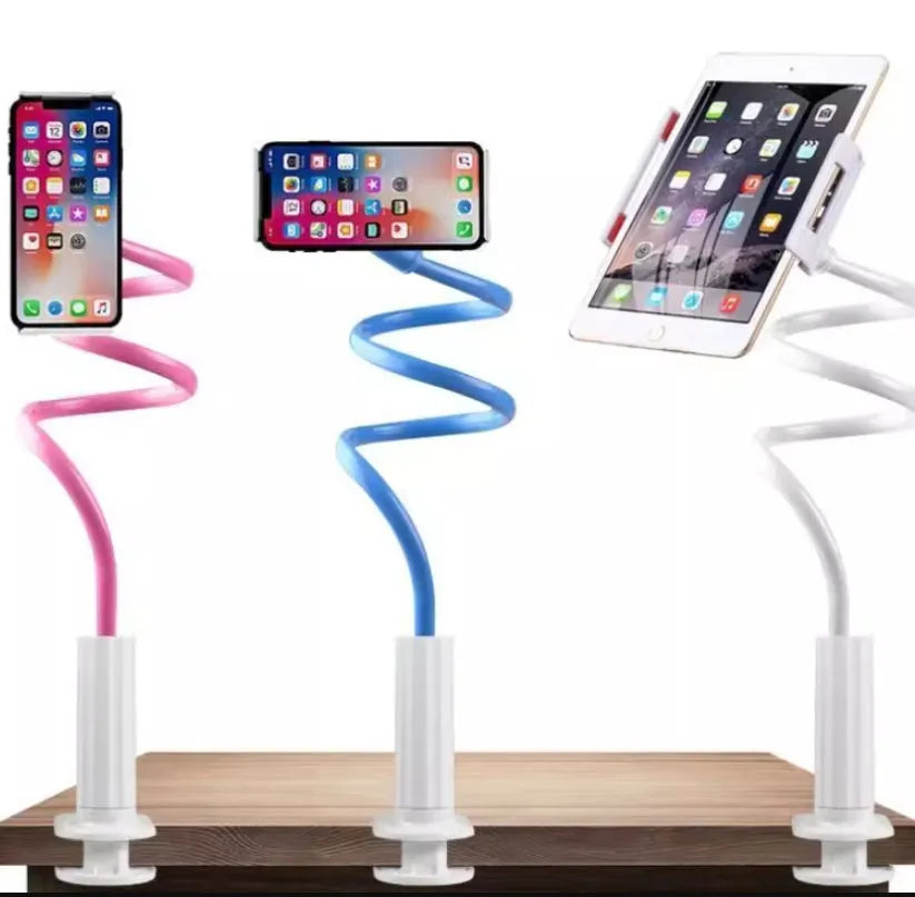 Blue universal mobile phone and tablet holder with 120cm pole on a bedside table