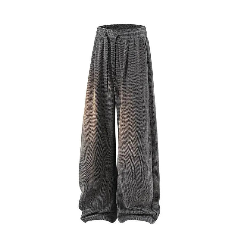 Light grey straight-leg fleece-lined trousers with an elastic waistband on a hanger.