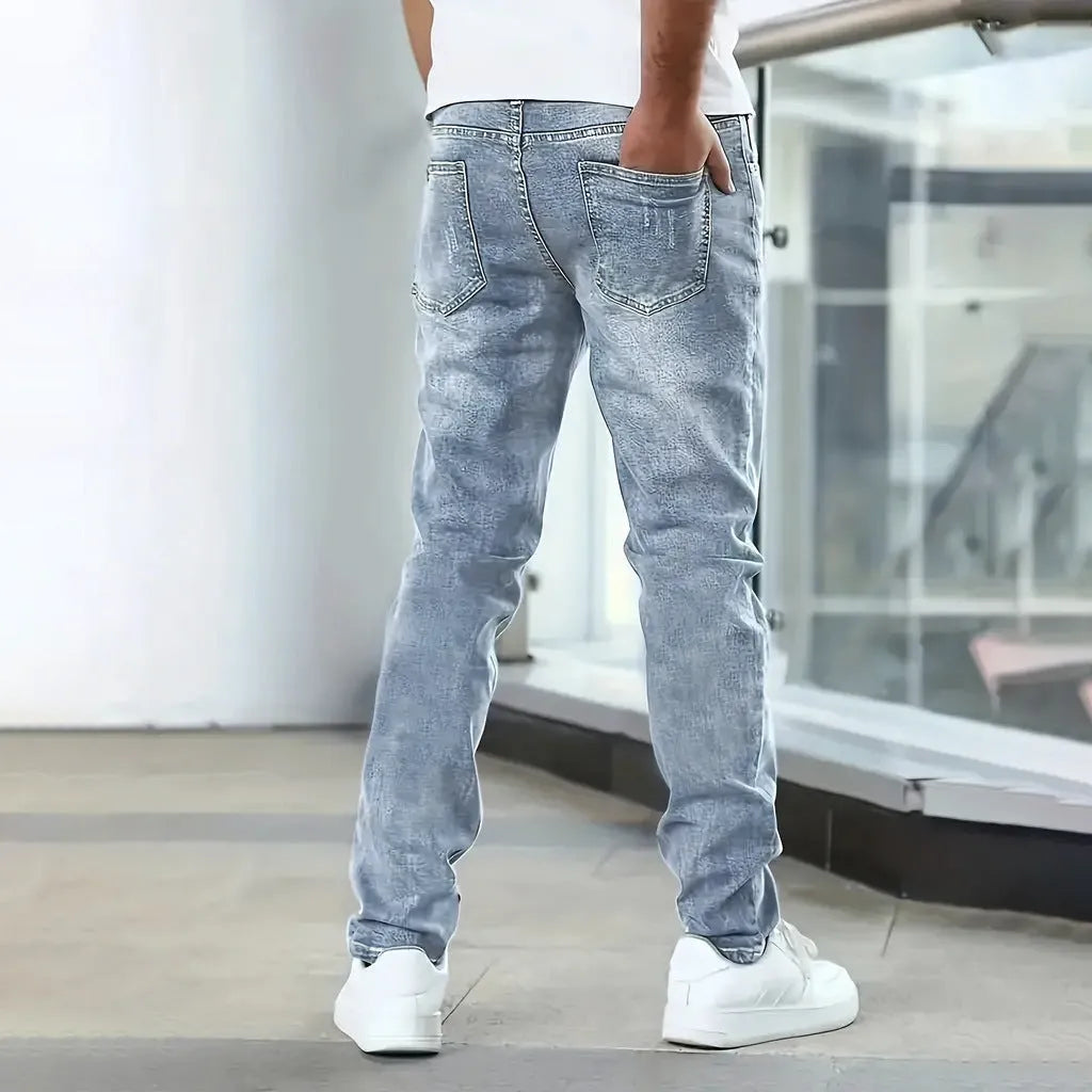Men's straight leg stretch jeans in black, dark blue, and gray colours with skinny open leg style