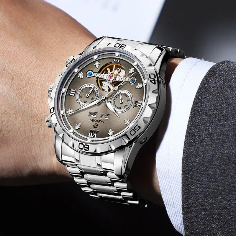 Men's automatic mechanical watch with stainless steel strap and mineral glass, showing various 8993 series colour dials.