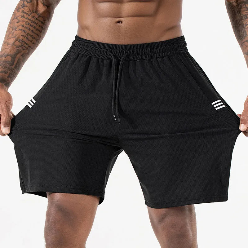 Men's black ice silk quick-drying shorts with drawstring waist and cropped length for sports activities