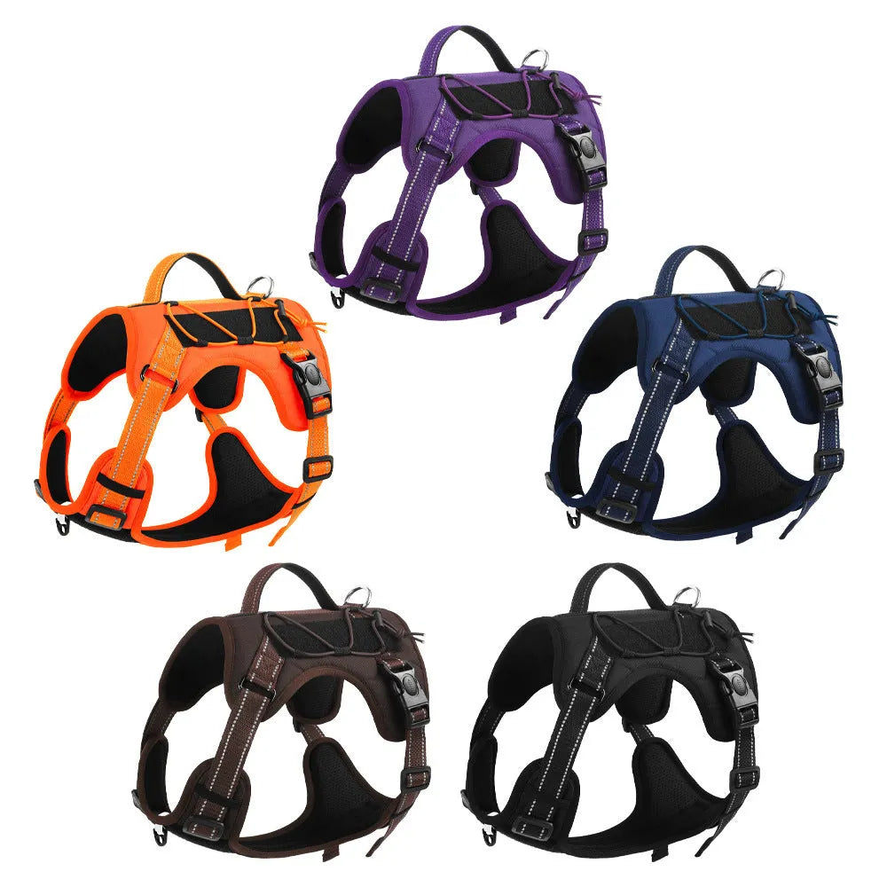 Orange reflective dog harness vest with explosion-proof hand-holding rope on a model dog