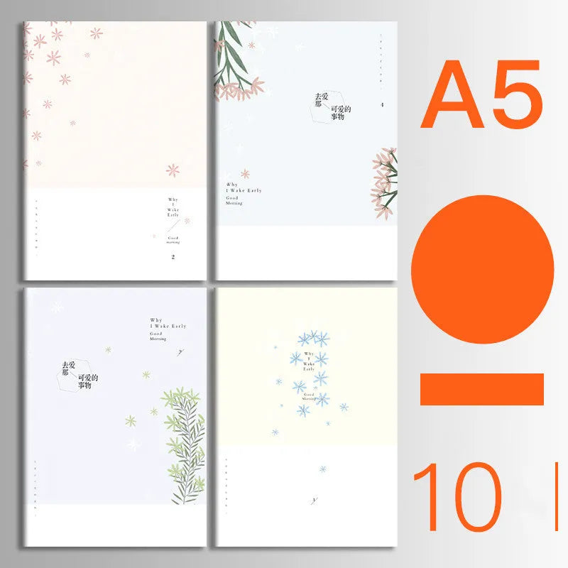 Set of 10 kraft paper notebooks with various hand-painted covers, shown open to display thread binding.