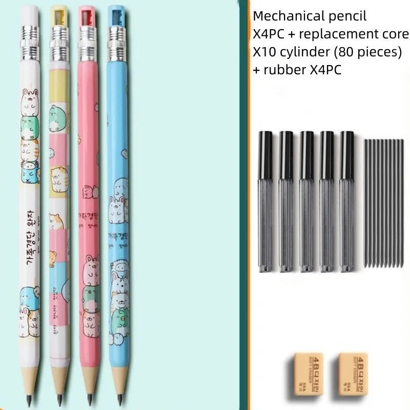 Cartoon-style plastic mechanical pencil for children with 2.0 mm thick lead, shown with spare lead cylinders.