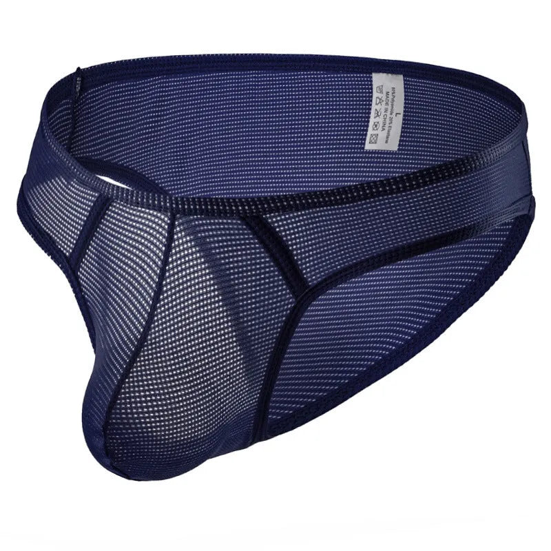 Men's breathable mesh nylon low-waist briefs in eight colours including black, light green, royal blue, and red