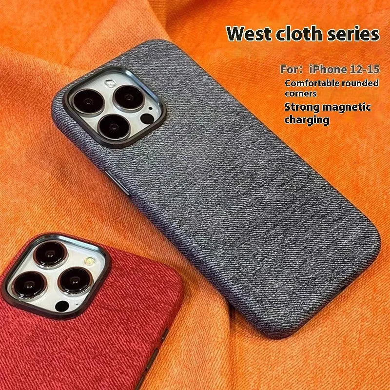 Flannel cloth pattern magnetic phone case for iPhone 12 to 16 series with metal lens cover in multiple colours