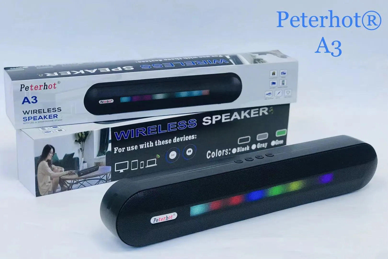 Bluetooth speaker with long LED breathing light in black colour, 400x62x72mm, on a table