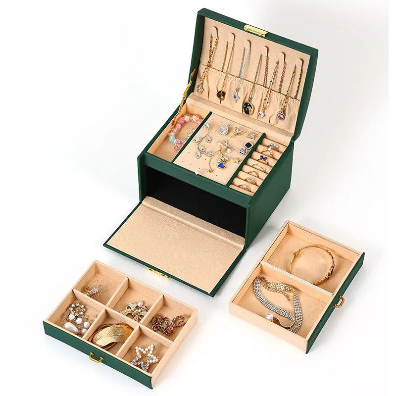 Travel jewellery box 18x14x13cm in white pink green black with density plate leather flannel and UV process