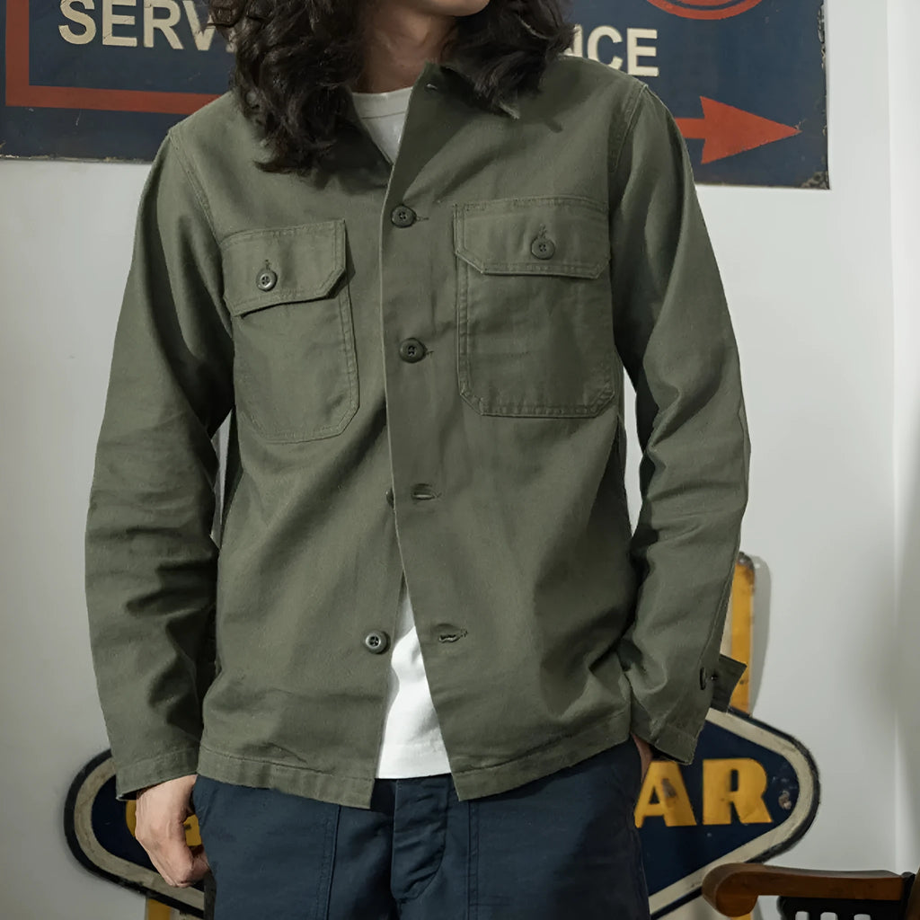 Men's olive green cotton satin slim fit work shirt with cardigan style front