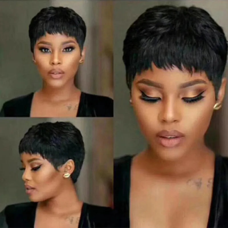 Short hair wig in black, light brown, or dark brown, made from high-temperature fibre, hot dyeable, mechanism style.