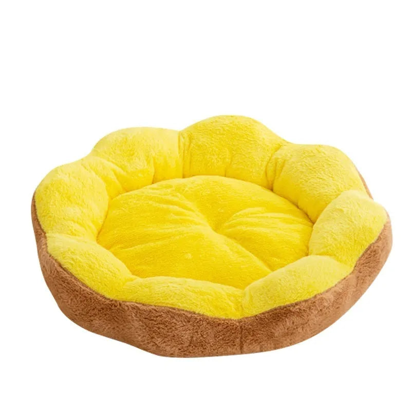 Round grey and black plush cat bed with a removable nest, shown with a cat curled up inside.