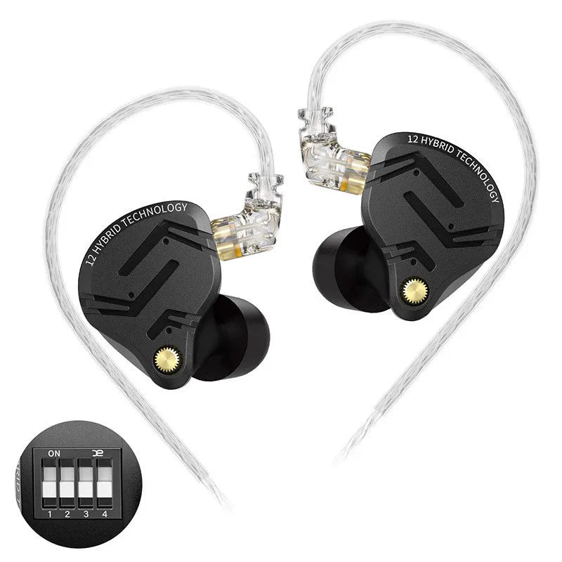 Black wired in-ear monitor earphones with changeable wire, replacement core, tool, cable, manual, and box.