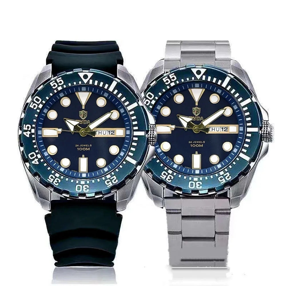 Men's waterproof watch with luminous dial and quartz movement on a steel or silicone strap.