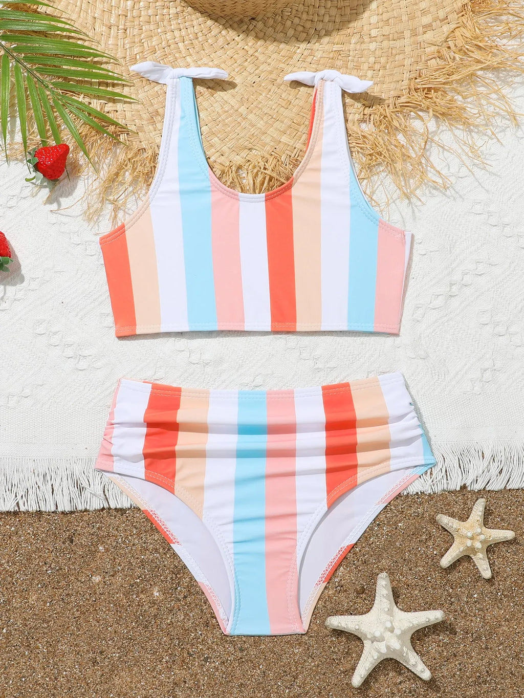 Girls' plaid print swimsuit briefs with separate top and bottom pieces