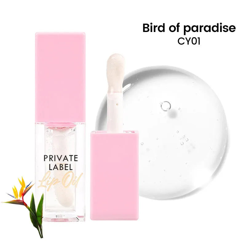 Women's natural transparent lip gloss in 6ml size showing six fruit-inspired sheer colour shades