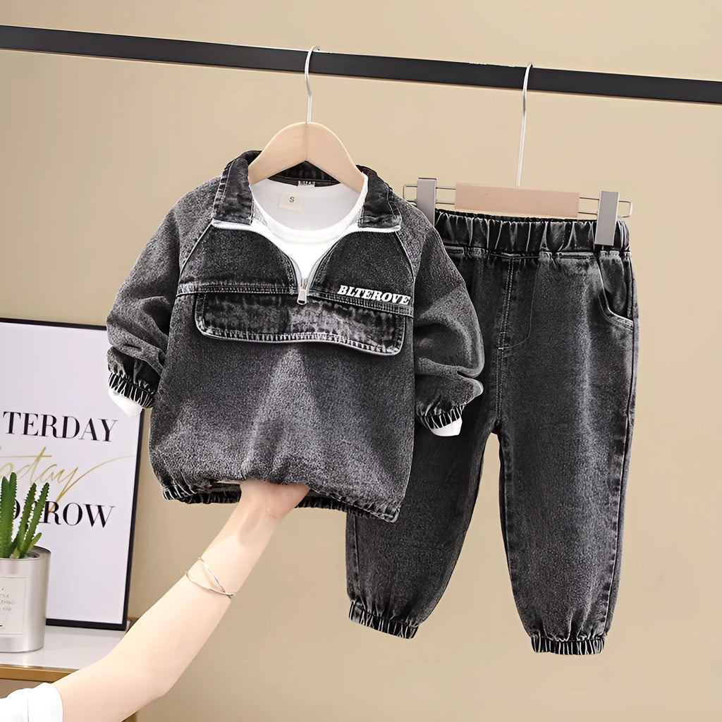 Boys' black and blue denim two-piece suit set with long sleeves in Korean style