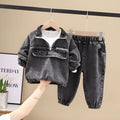 Boys' black and blue denim two-piece suit set with long sleeves in Korean style