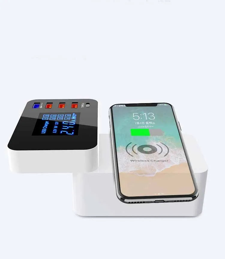 White multi-port USB fast charger with four USB-A ports, 1.5m cable, and international plug adapters.