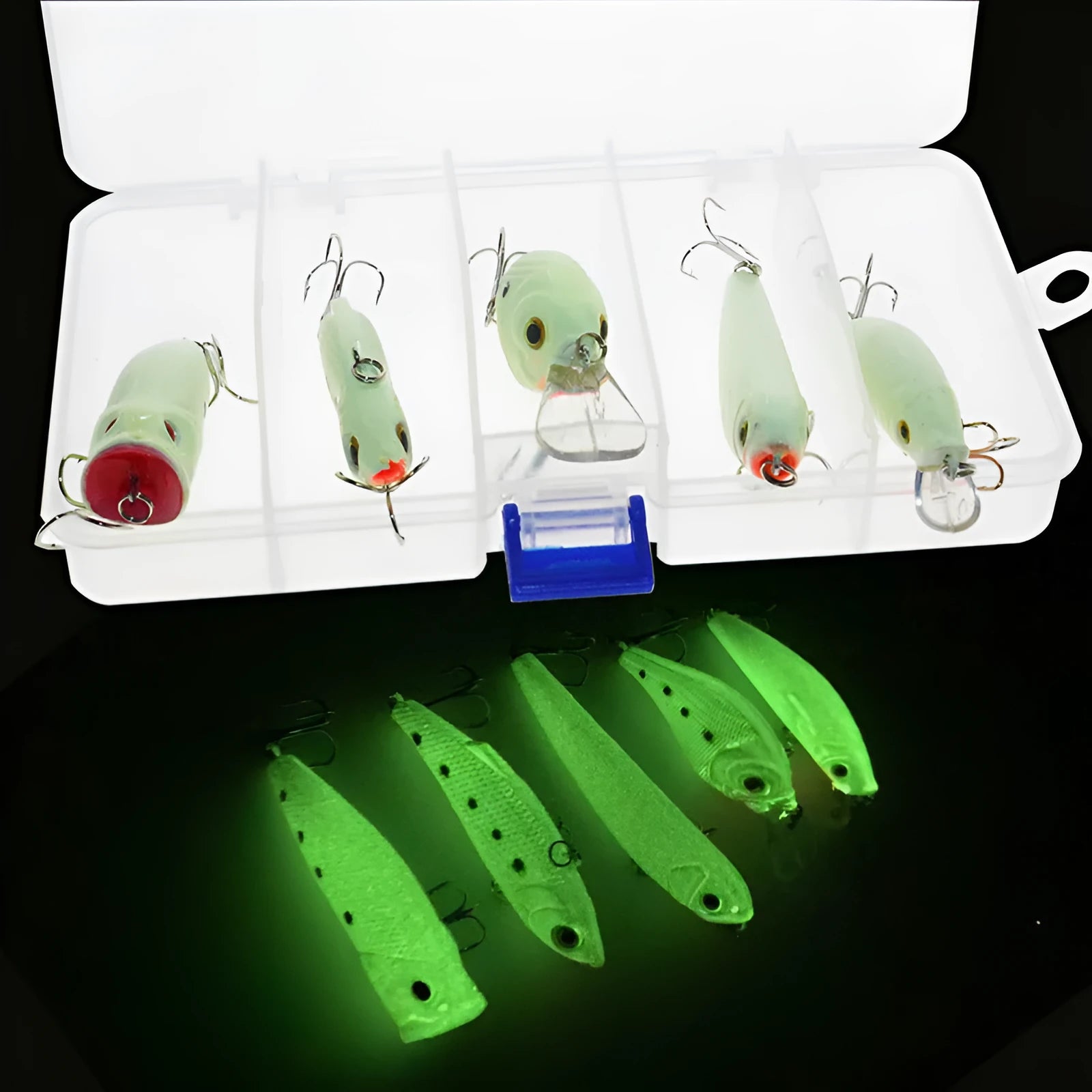 Set of five 3D fluorescent hard bait fishing lures with luminous effect on blue background.