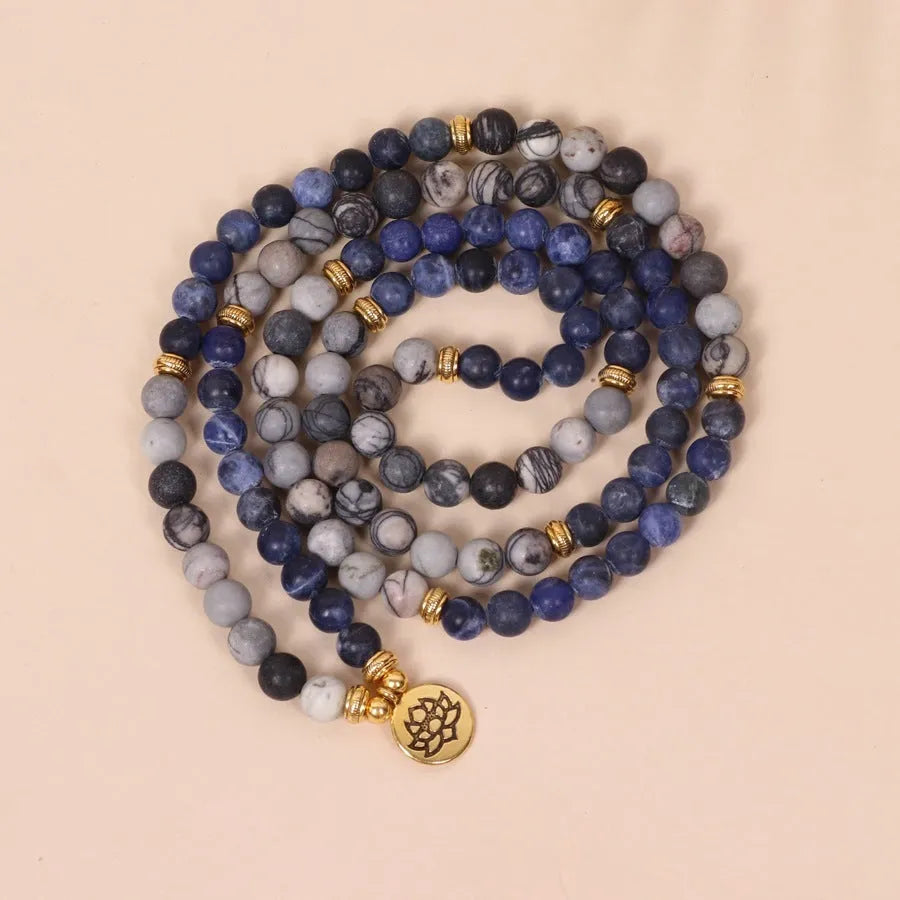 Blue patterned network stone beads on multi-layer alloy bracelet with fresh sweet natural style