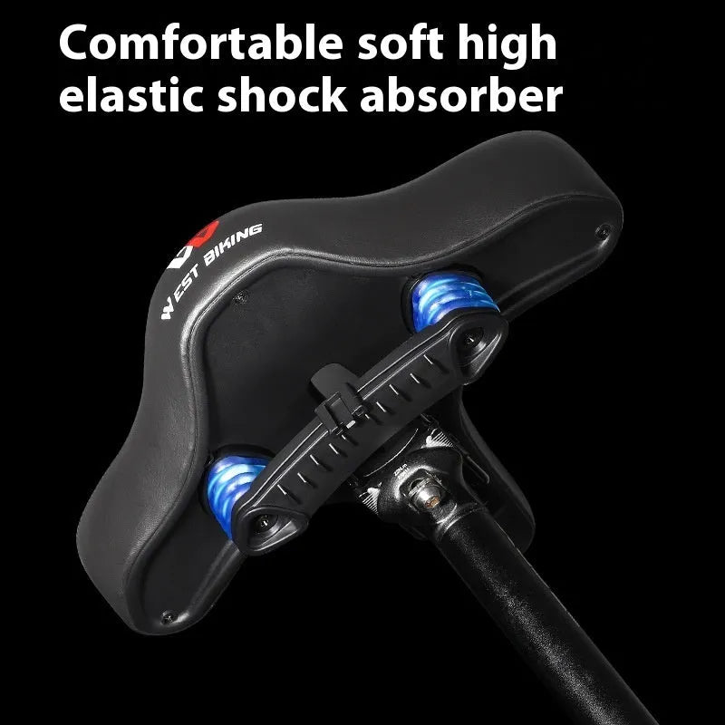 Black thick foam bicycle seat cushion on a mountain bike saddle.