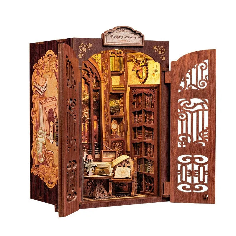 DIY wooden 3D hand-assembled owl bookstore building model with battery flash, 27.5x19.5x4cm