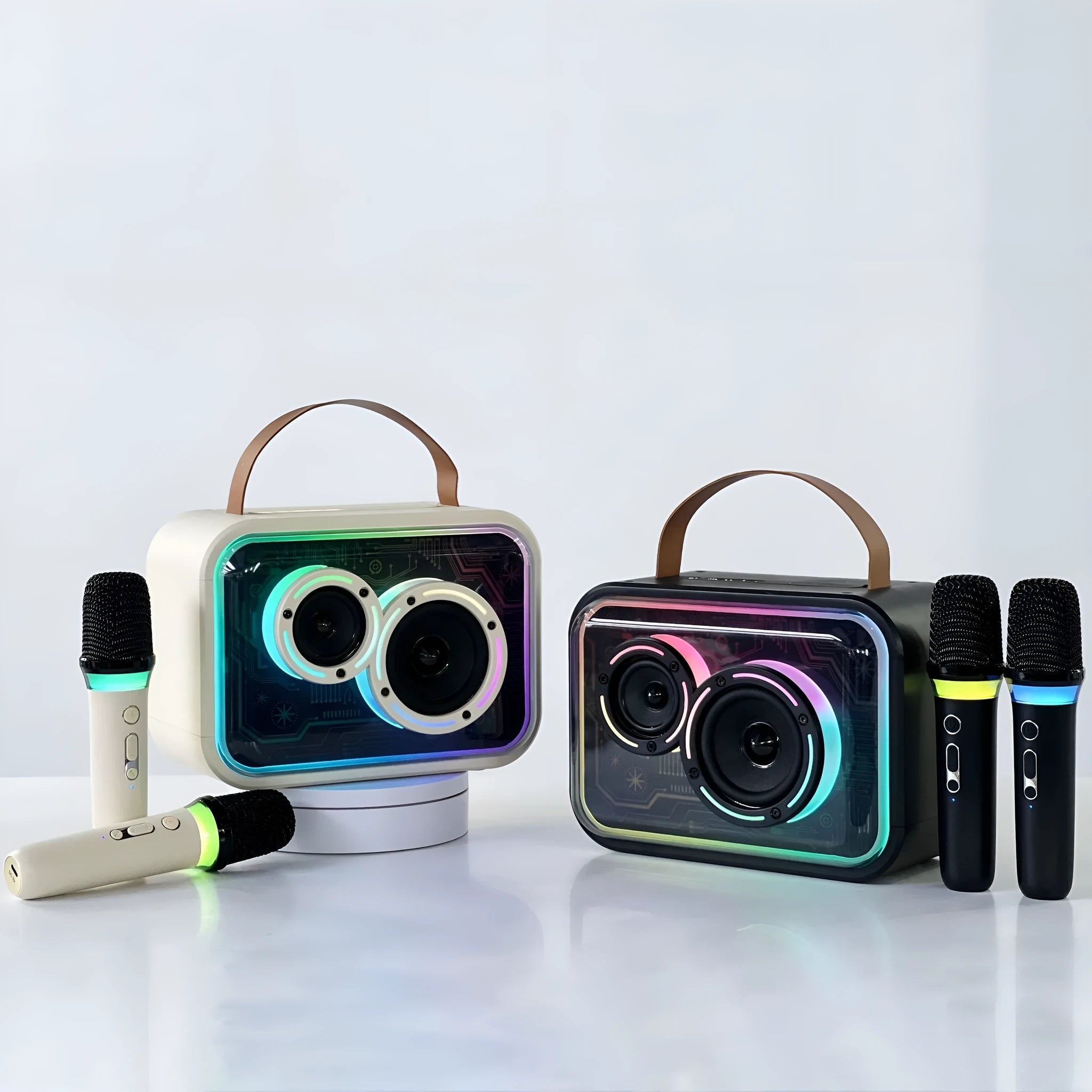 Portable Bluetooth karaoke speaker with colourful RGB lights showing black or light yellow colour options