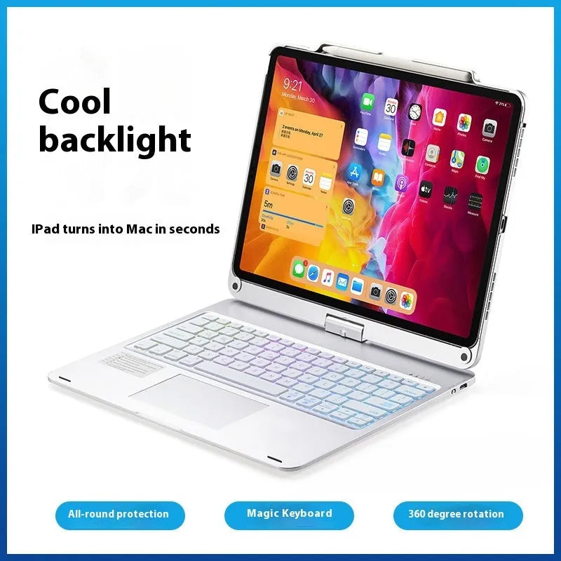 Miaocontrol Bluetooth keyboard with rotating stand holding iPad, showing 360-degree adjustment in aluminium finish