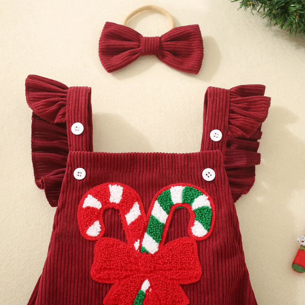Infant and toddler red Christmas embroidered winged triangle romper in cotton, sleeveless, suitable for 70cm to 100cm height