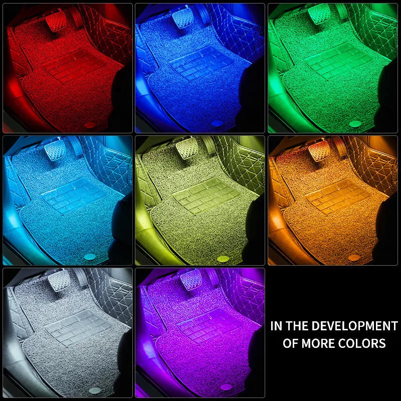 Car LED atmosphere lighting strip showing eight RGB colours with voice control and app connectivity