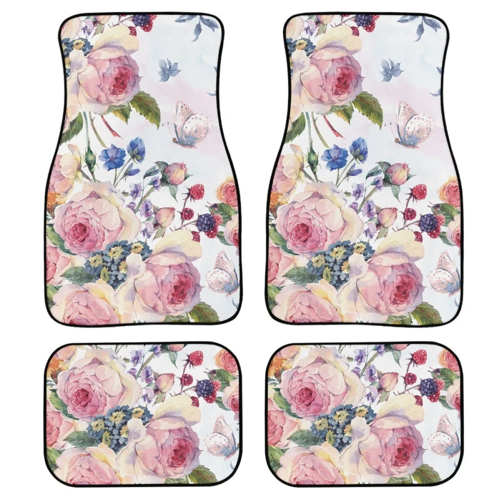 Black four-piece set of 20mm thick printed rubber car foot mats with textured surface.