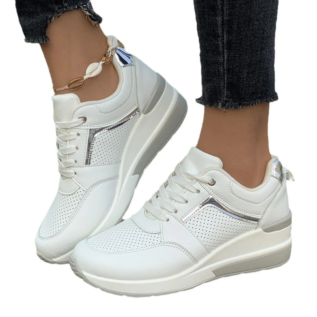 Women's milky white wedge platform casual shoes with front lace-up on a rubber sole.
