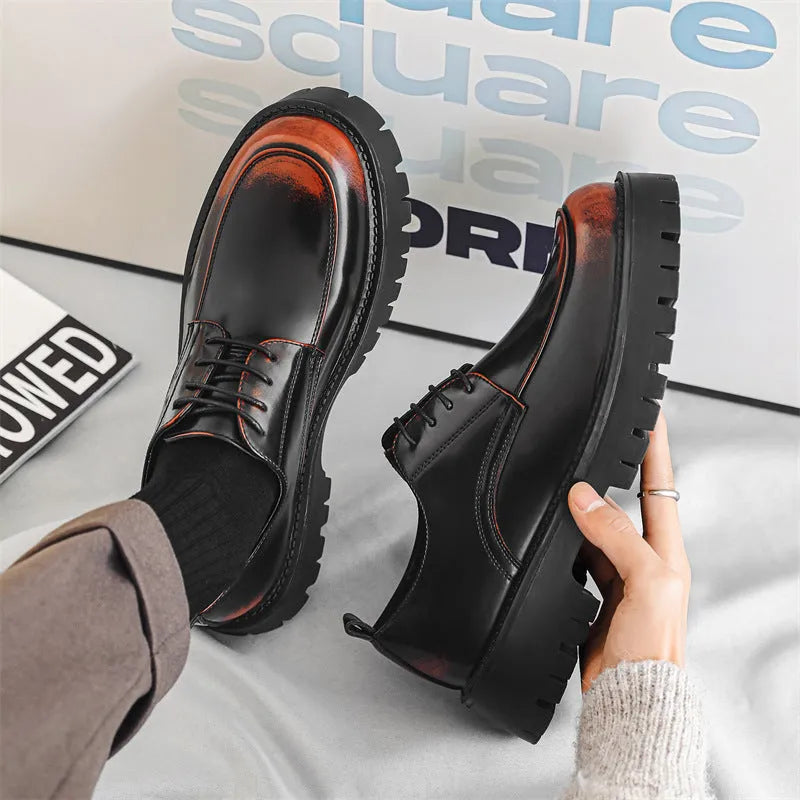 Platform height increasing casual leather shoes in black with round toe and front lace-up closure