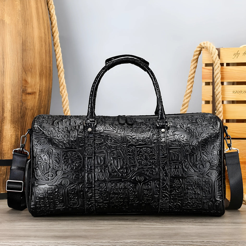 Genuine leather retro embossing handbag for men black 50x25x25.5cm first layer cowhide