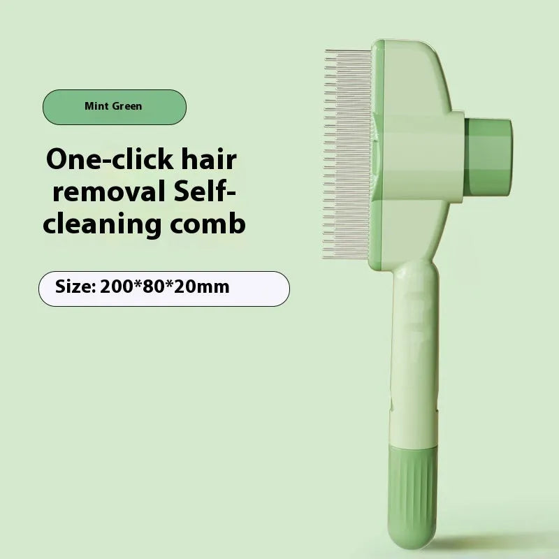 Yellow and green self-cleaning pet comb for cats and dogs with stainless steel teeth and a release button.