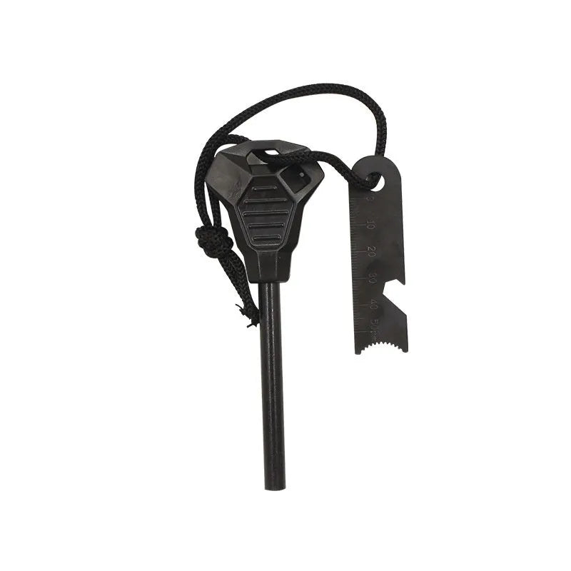 Black outdoor multifunctional survival flint with magnesium rod and stainless steel tools including whistle and bottle opener.