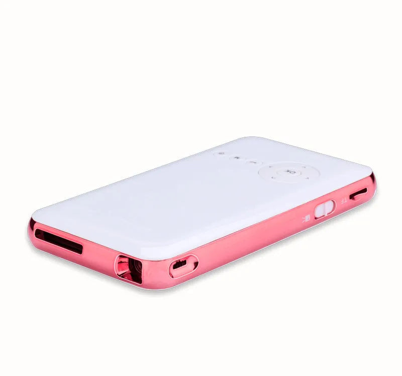 M6S miniature portable Android DLP projector in white and rose gold colours showing compact 145mm size