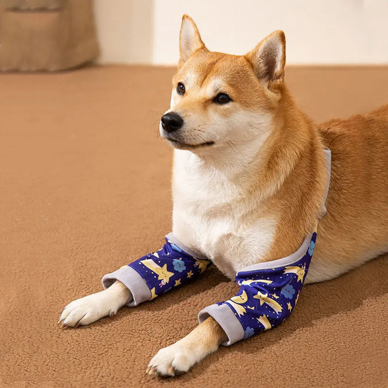 Adjustable dog knee protector sleeve with elbow padding and matching scarf in blue, grey or yellow colours