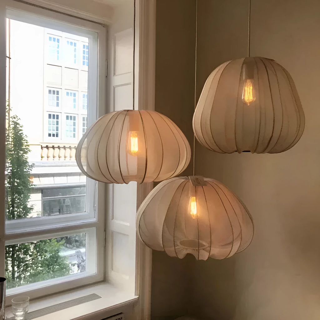 Japanese-style grey blue iron branch ceiling lamp with a net pumpkin shade and integrated LED lights