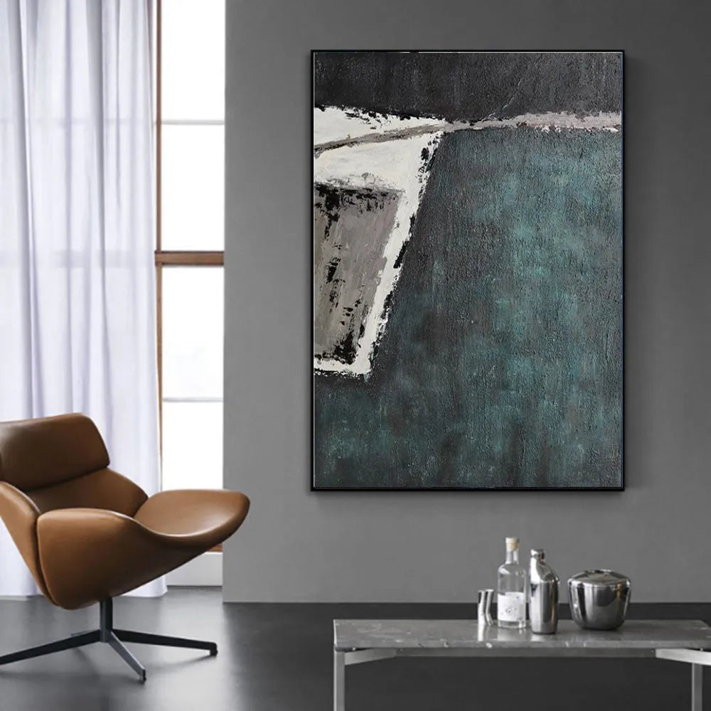 Large abstract handmade painting retro green texture on canvas, hand-painted, vertical orientation, no frame