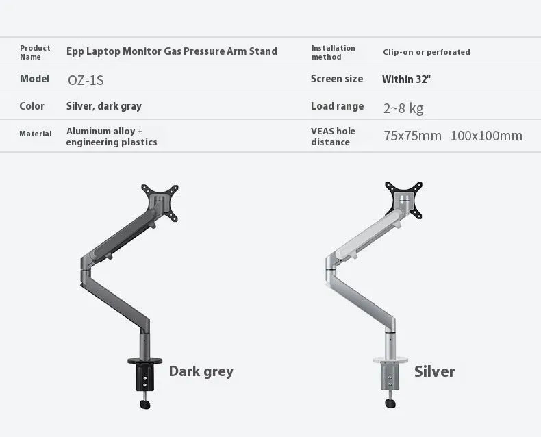 Aluminium alloy laptop stand with an adjustable air pressure arm in black colour on a wooden desk.